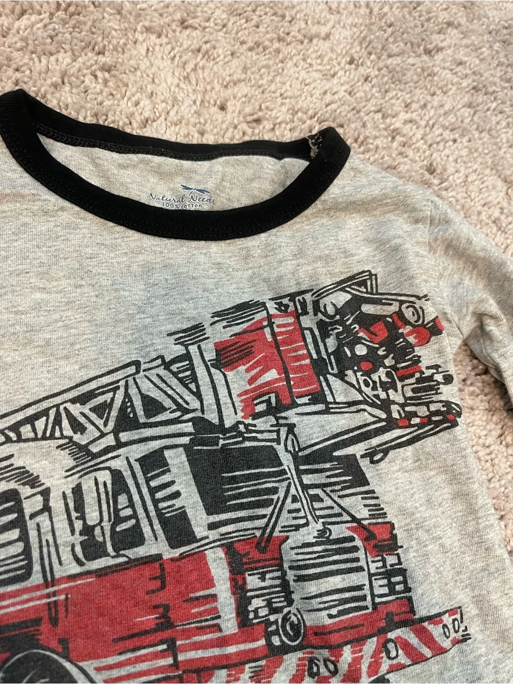Kids Red Firetruck Pajama Set with Gray Top